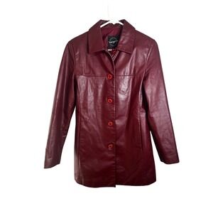 Margarita Burgundy 100% Cowhide Leather Button Front Blazer Jacket Womens Small